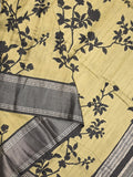 Maheshwari fancy saree light yellow color allover prints & zari border with contrast pallu and plain blouse