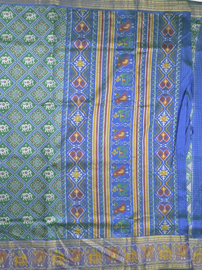 Ikkath fancy saree in green color allover design with zari border & ikkath pallu and plain blouse