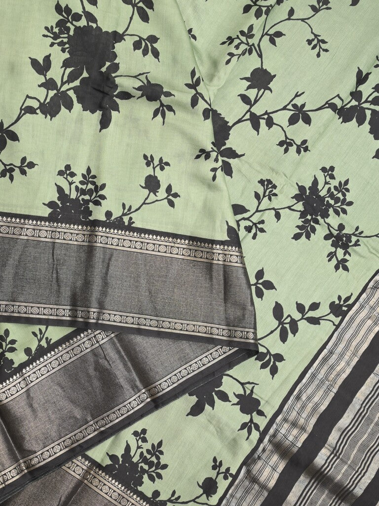 Maheshwari fancy saree pista green color allover prints & zari border with contrast pallu and plain blouse