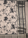 Maheshwari fancy saree light grey color allover prints & zari border with contrast pallu and plain blouse