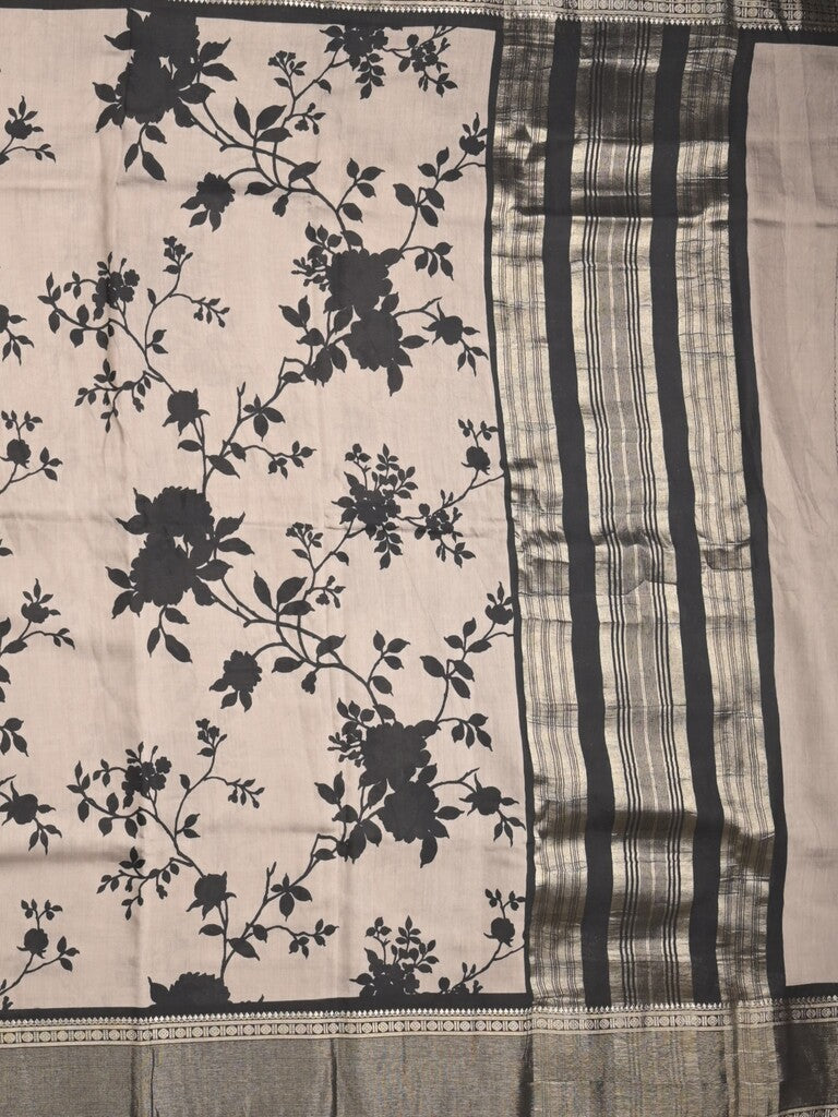 Maheshwari fancy saree light grey color allover prints & zari border with contrast pallu and plain blouse