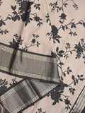 Maheshwari fancy saree light grey color allover prints & zari border with contrast pallu and plain blouse