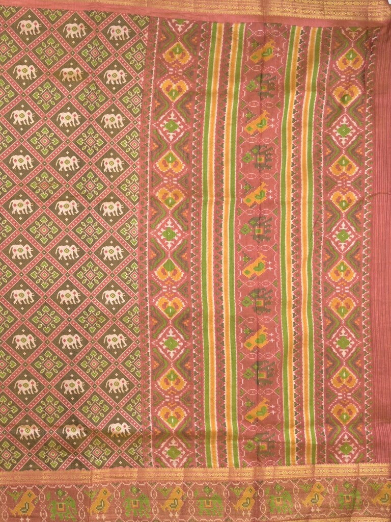 Ikkath fancy saree in brown color allover design with zari border & ikkath pallu and plain blouse