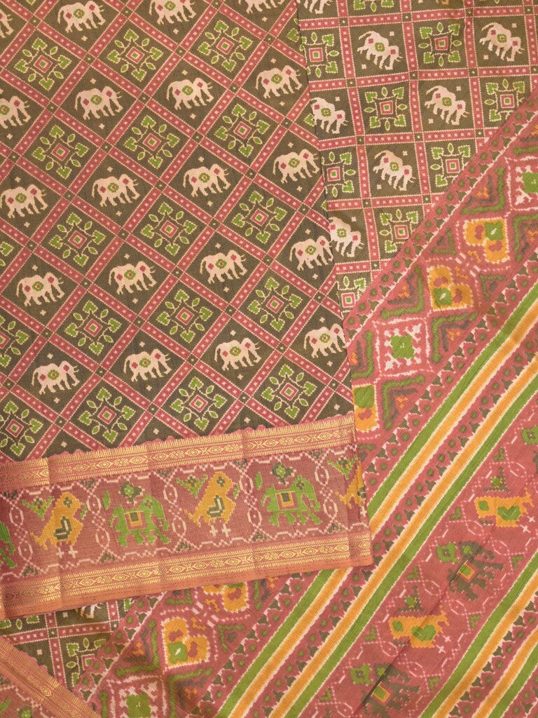 Ikkath fancy saree in brown color allover design with zari border & ikkath pallu and plain blouse