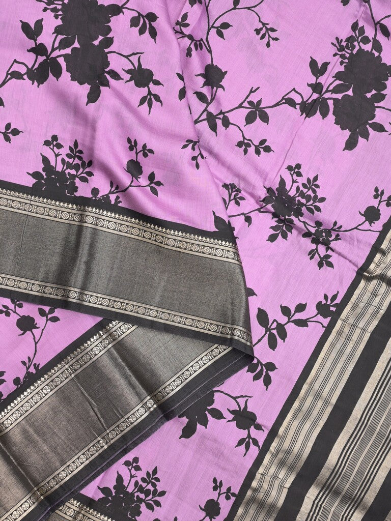 Maheshwari fancy saree purple color allover prints & zari border with contrast pallu and plain blouse