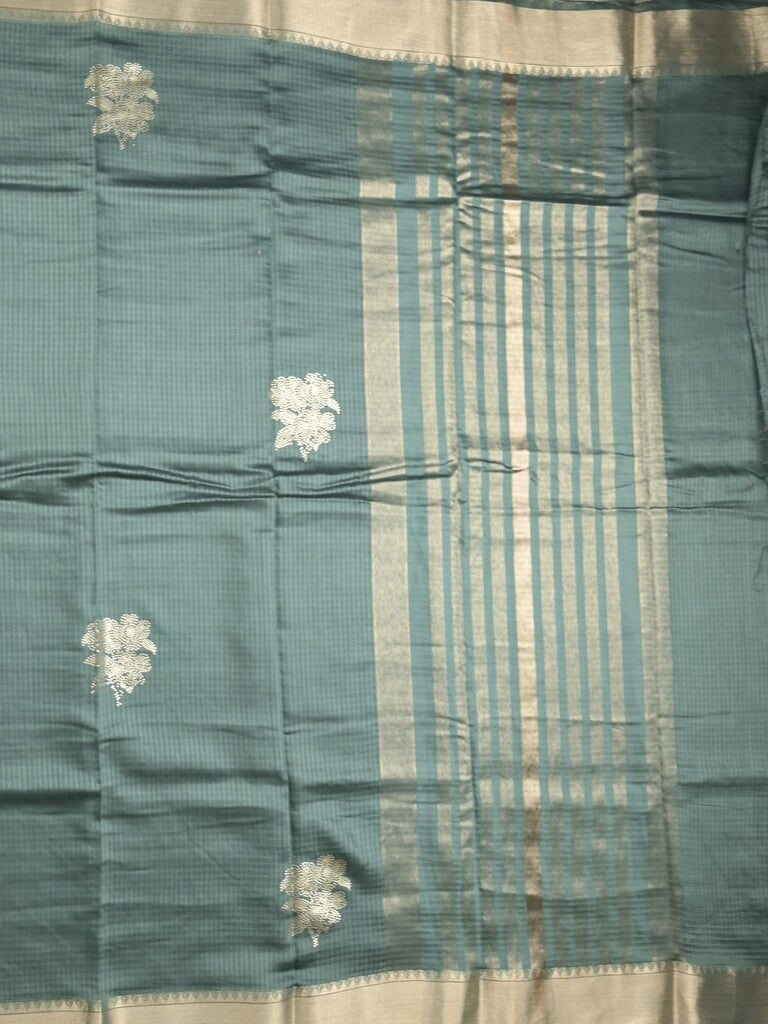 Chanderi fancy saree grey color allover zari motifs & zari border with zari pallu and plain blouse