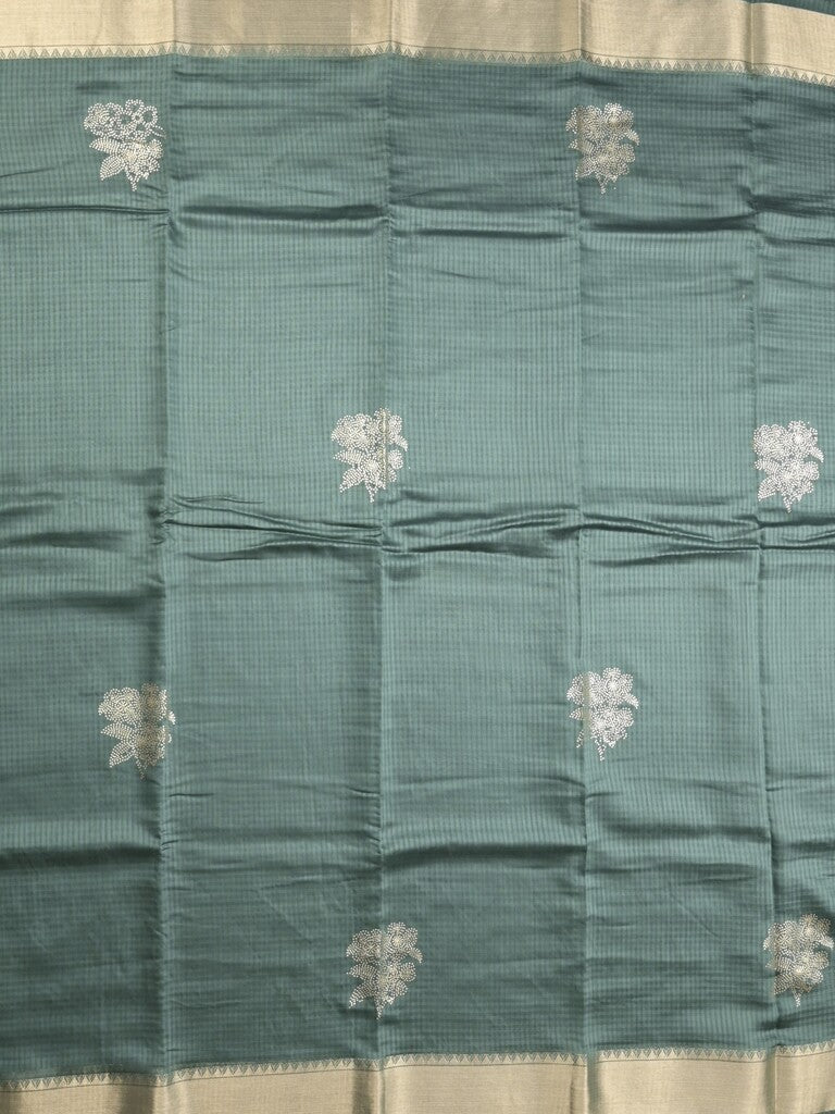 Chanderi fancy saree grey color allover zari motifs & zari border with zari pallu and plain blouse