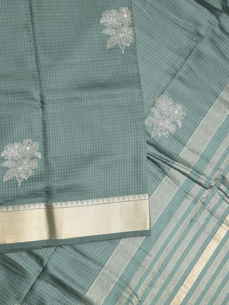 Chanderi fancy saree grey color allover zari motifs & zari border with zari pallu and plain blouse