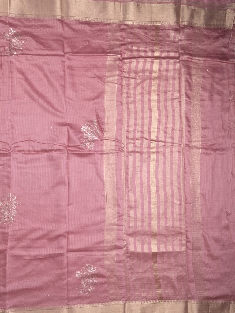 Chanderi fancy saree onion pink color allover zari motifs & zari border with zari pallu and plain blouse