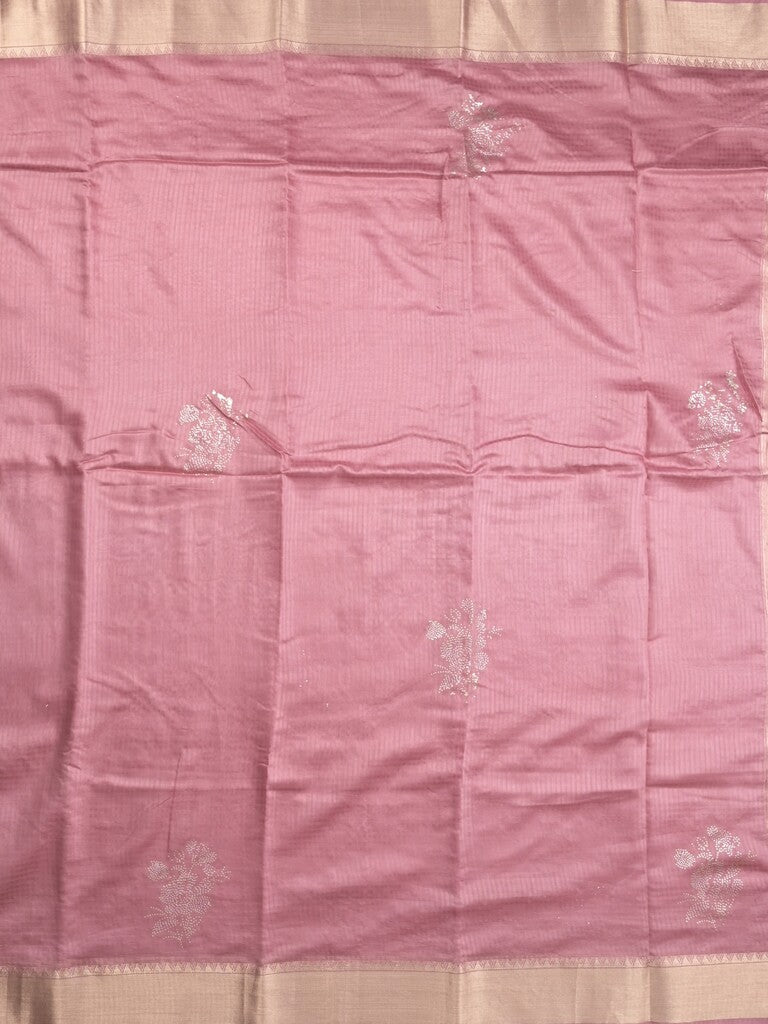 Chanderi fancy saree onion pink color allover zari motifs & zari border with zari pallu and plain blouse