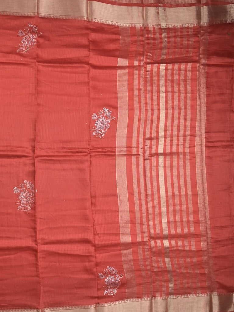Chanderi fancy saree red color allover zari motifs & zari border with zari pallu and plain blouse