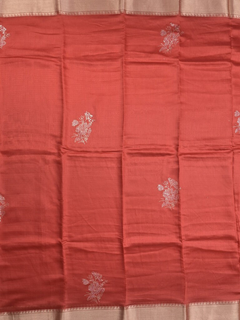 Chanderi fancy saree red color allover zari motifs & zari border with zari pallu and plain blouse