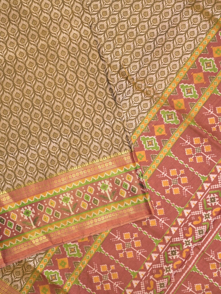 Ikkath fancy saree in beige color allover design with zari border & ikkath pallu and plain blouse