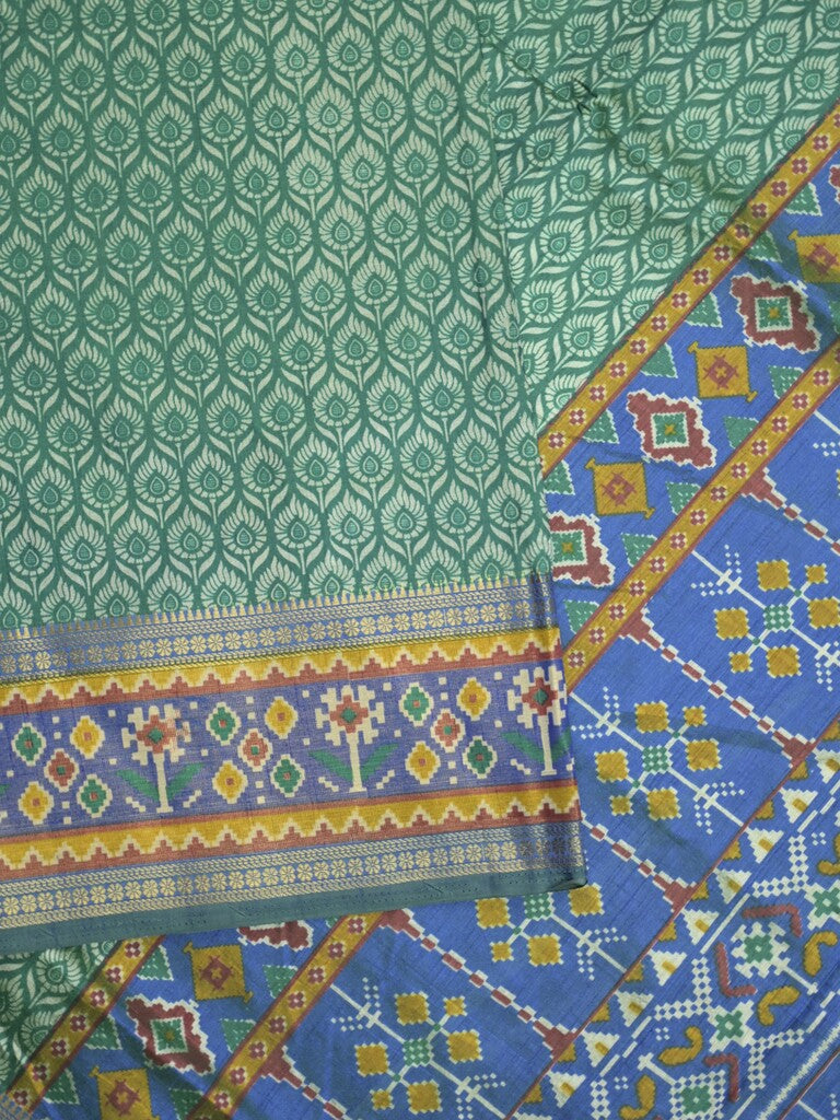 Ikkath fancy saree in peacock blue color allover design with zari border & ikkath pallu and plain blouse