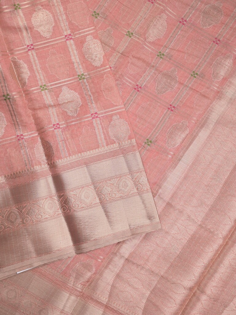 Chanderi kora fancy saree in baby pink color with allover zari motifs & brocade pallu and blouse