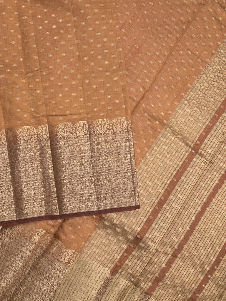 Dupion fancy saree brown color allover zari motifs & big zari border with zari pallu and contrast plain blouse