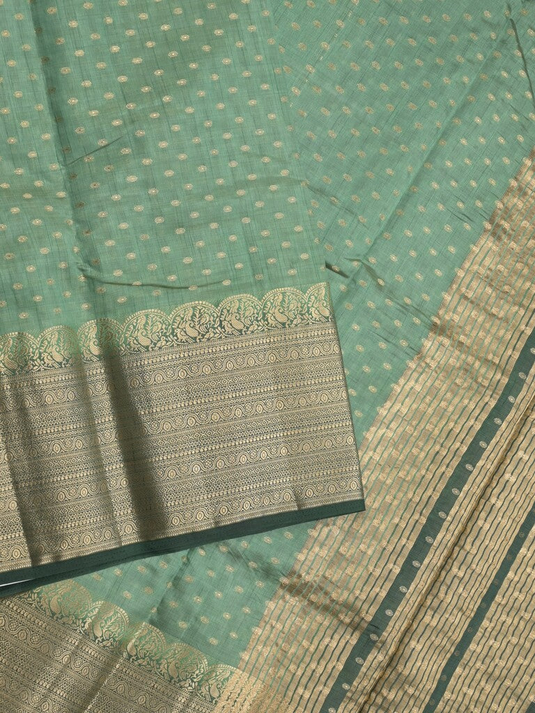 Dupion fancy saree lux green color allover zari motifs & big zari border with zari pallu and contrast plain blouse
