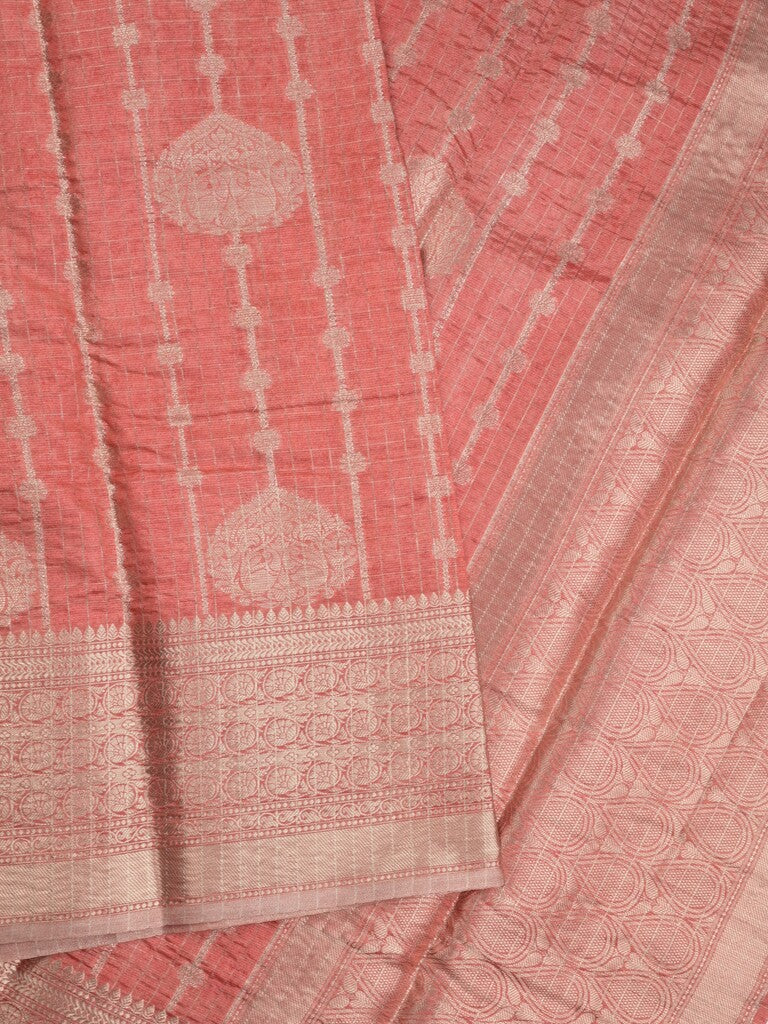 Chanderi kora fancy saree in red color with allover zari motifs & brocade pallu and blouse