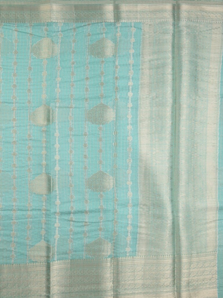 Chanderi kora fancy saree in sky blue color with allover zari motifs & brocade pallu and blouse