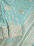 Chanderi kora fancy saree in sky blue color with allover zari motifs & brocade pallu and blouse
