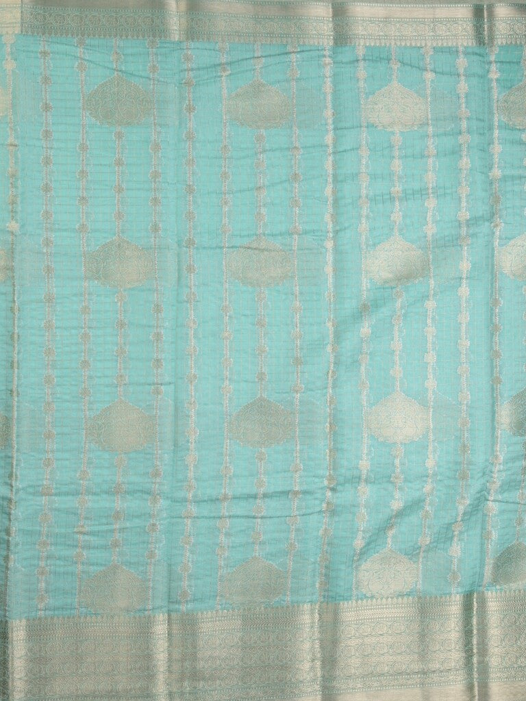 Chanderi kora fancy saree in sky blue color with allover zari motifs & brocade pallu and blouse