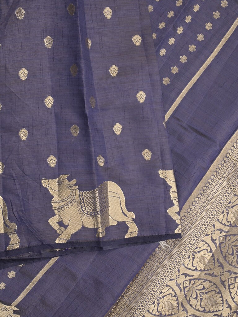 Dupion fancy saree navy blue color allover zari motifs & zari border with rich pallu and running blouse