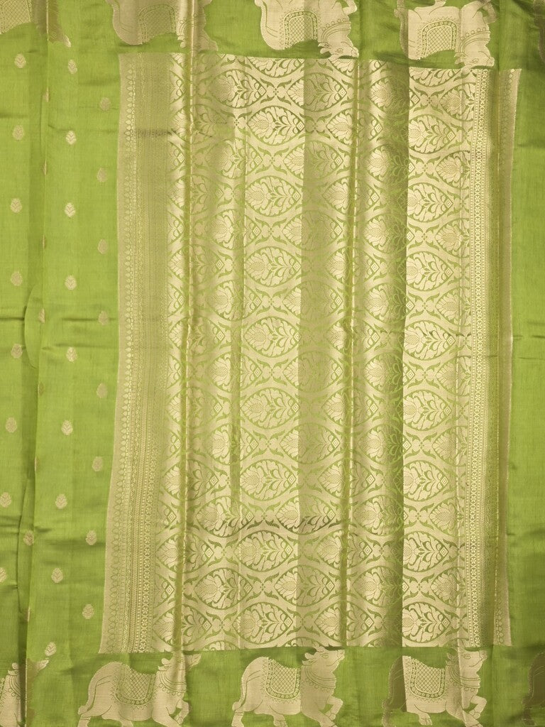 Dupion fancy saree parrot green color allover zari motifs & zari border with rich pallu and running blouse
