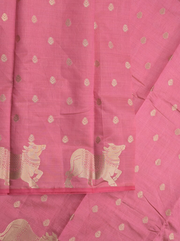 Dupion fancy saree light pink color allover zari motifs & zari border with rich pallu and running blouse