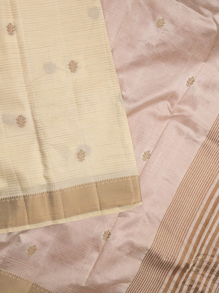 Dupion fancy saree half white color allover zari motifs & zari border with zari pallu and contrast plain blouse