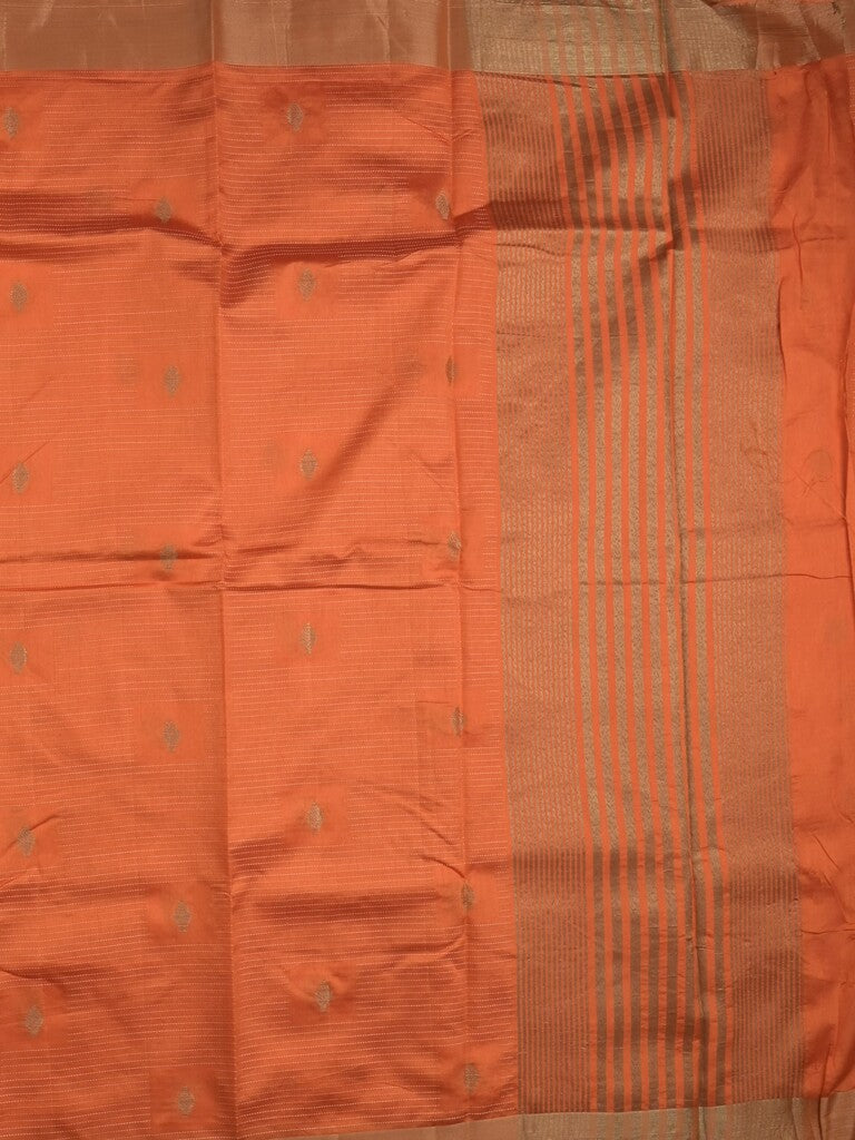 Dupion fancy saree orange color allover zari motifs & zari border with zari pallu and contrast plain blouse