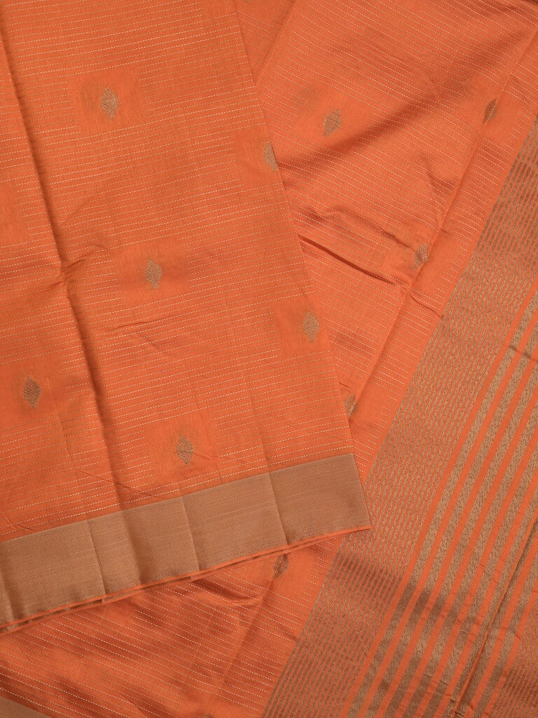 Dupion fancy saree orange color allover zari motifs & zari border with zari pallu and contrast plain blouse