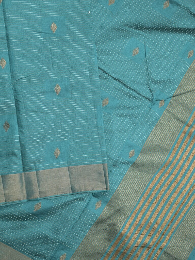 Dupion fancy saree sky blue color allover zari motifs & zari border with zari pallu and contrast plain blouse