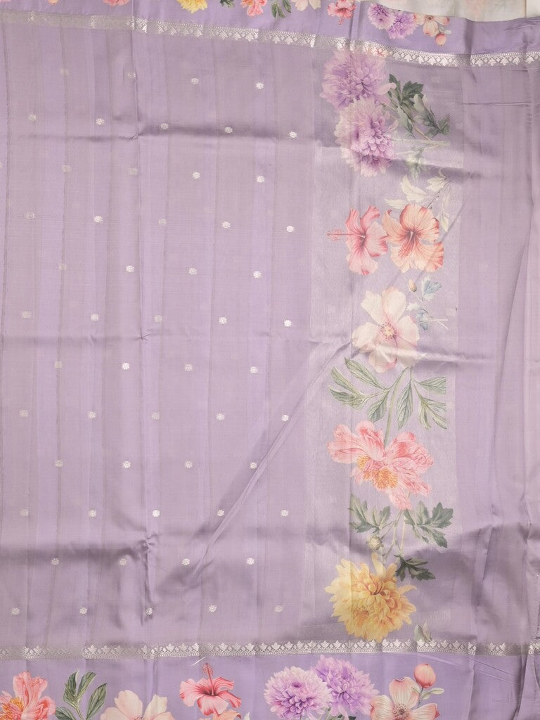 Satin silk fancy saree purple color allover zari motifs & printed border with printed pallu and printed blouse