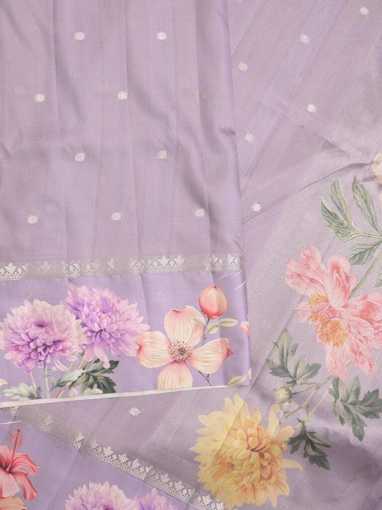 Satin silk fancy saree purple color allover zari motifs & printed border with printed pallu and printed blouse