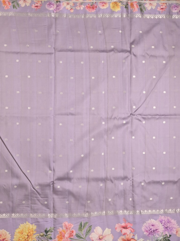 Satin silk fancy saree purple color allover zari motifs & printed border with printed pallu and printed blouse