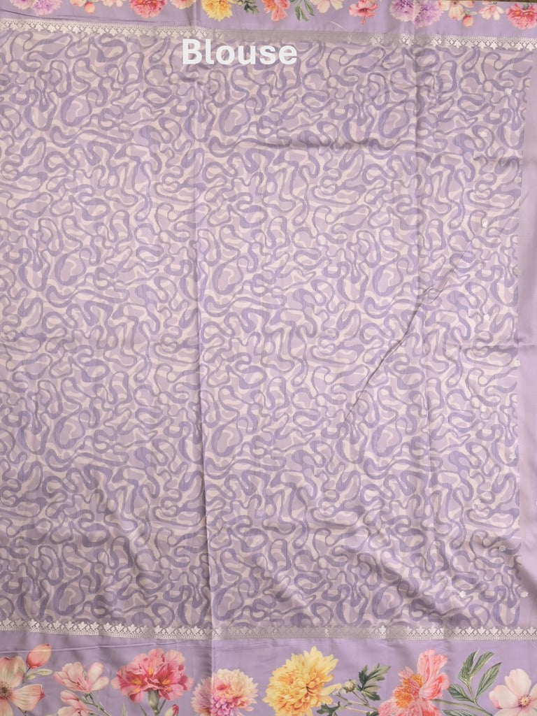 Satin silk fancy saree purple color allover zari motifs & printed border with printed pallu and printed blouse