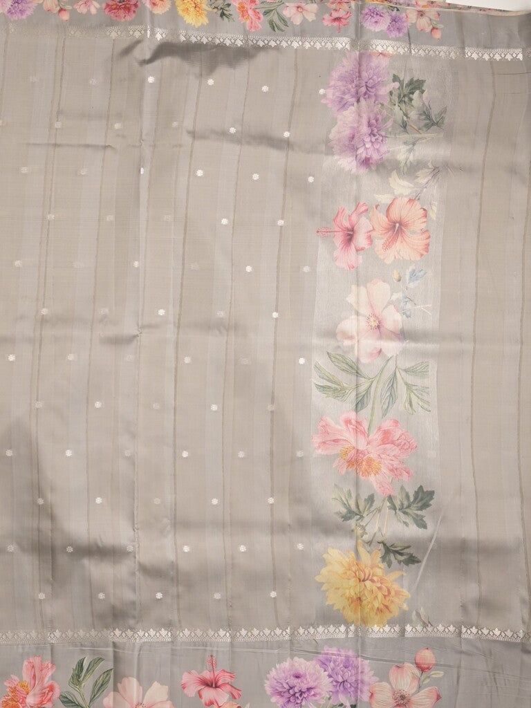 Satin silk fancy saree grey color allover zari motifs & printed border with printed pallu and printed blouse