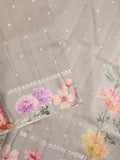 Satin silk fancy saree grey color allover zari motifs & printed border with printed pallu and printed blouse