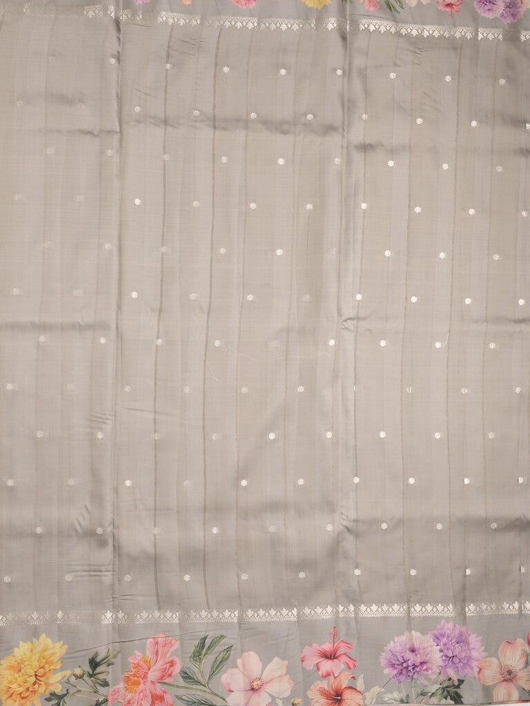 Satin silk fancy saree grey color allover zari motifs & printed border with printed pallu and printed blouse