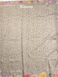 Satin silk fancy saree grey color allover zari motifs & printed border with printed pallu and printed blouse