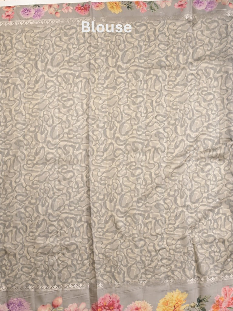 Satin silk fancy saree grey color allover zari motifs & printed border with printed pallu and printed blouse