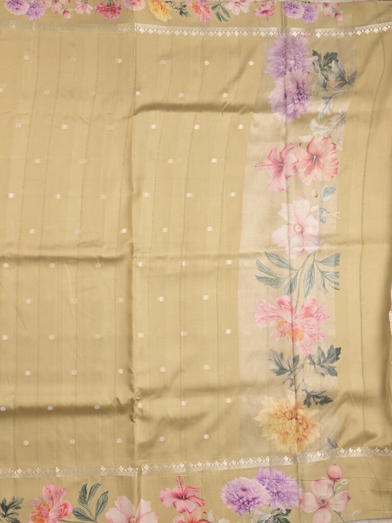 Satin silk fancy saree beige color allover zari motifs & printed border with printed pallu and printed blouse