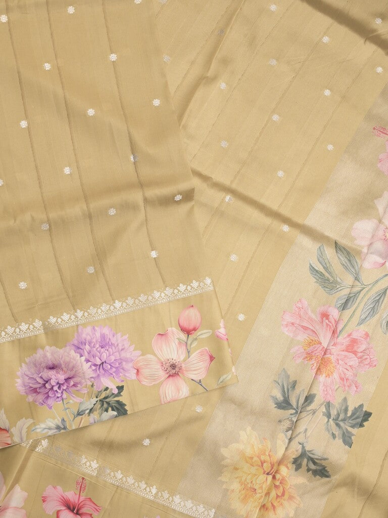 Satin silk fancy saree beige color allover zari motifs & printed border with printed pallu and printed blouse