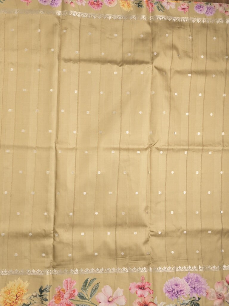 Satin silk fancy saree beige color allover zari motifs & printed border with printed pallu and printed blouse