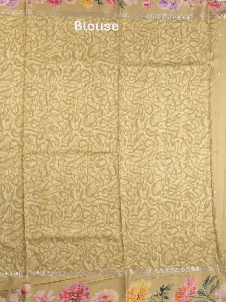 Satin silk fancy saree beige color allover zari motifs & printed border with printed pallu and printed blouse