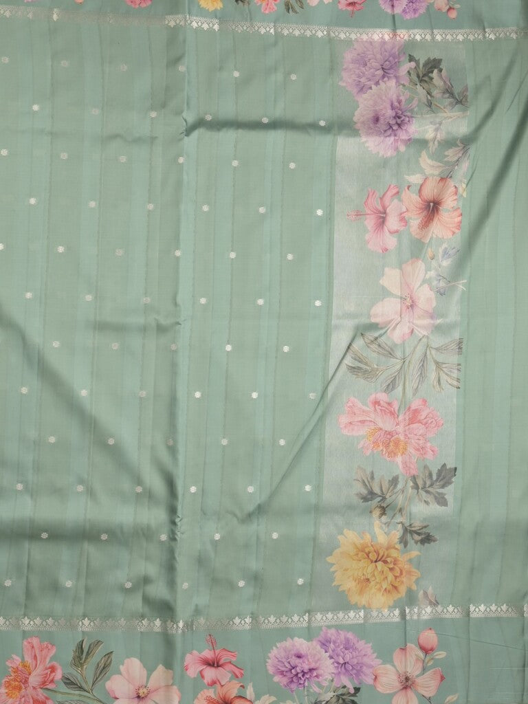 Satin silk fancy saree lux green color allover zari motifs & printed border with printed pallu and printed blouse