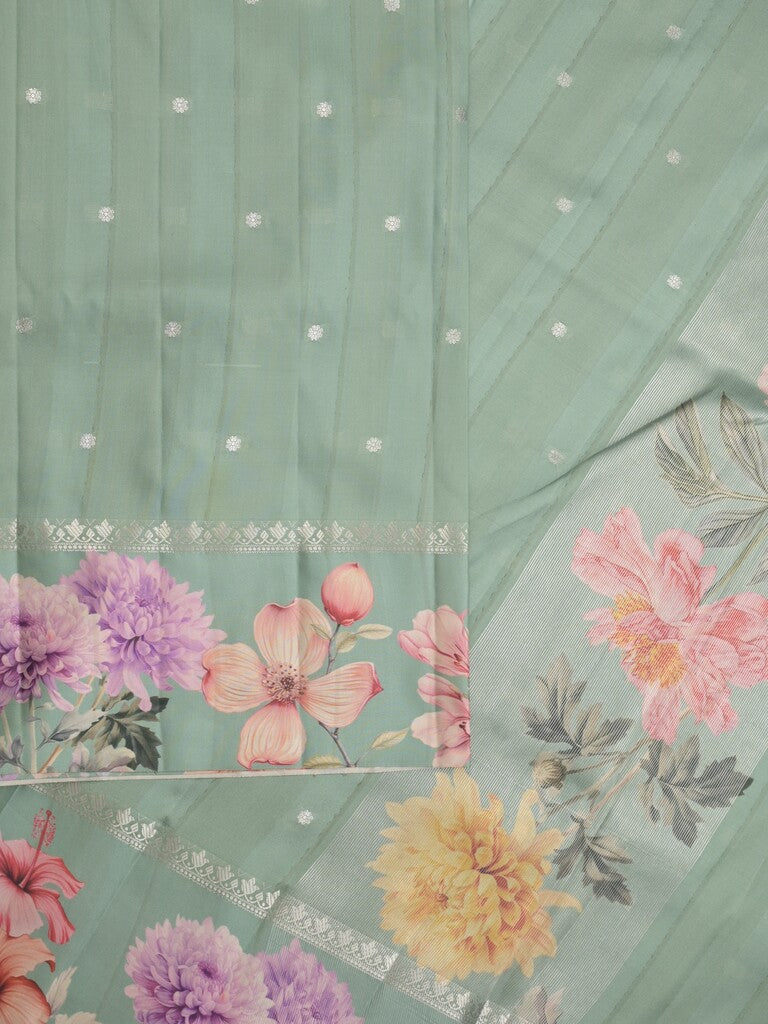 Satin silk fancy saree lux green color allover zari motifs & printed border with printed pallu and printed blouse