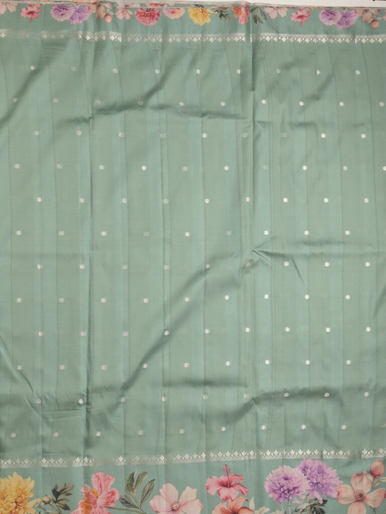 Satin silk fancy saree lux green color allover zari motifs & printed border with printed pallu and printed blouse