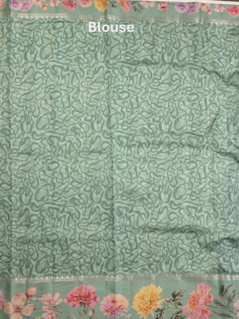 Satin silk fancy saree lux green color allover zari motifs & printed border with printed pallu and printed blouse