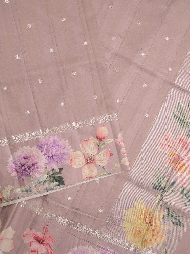 Satin silk fancy saree pinkish purple color allover zari motifs & printed border with printed pallu and printed blouse